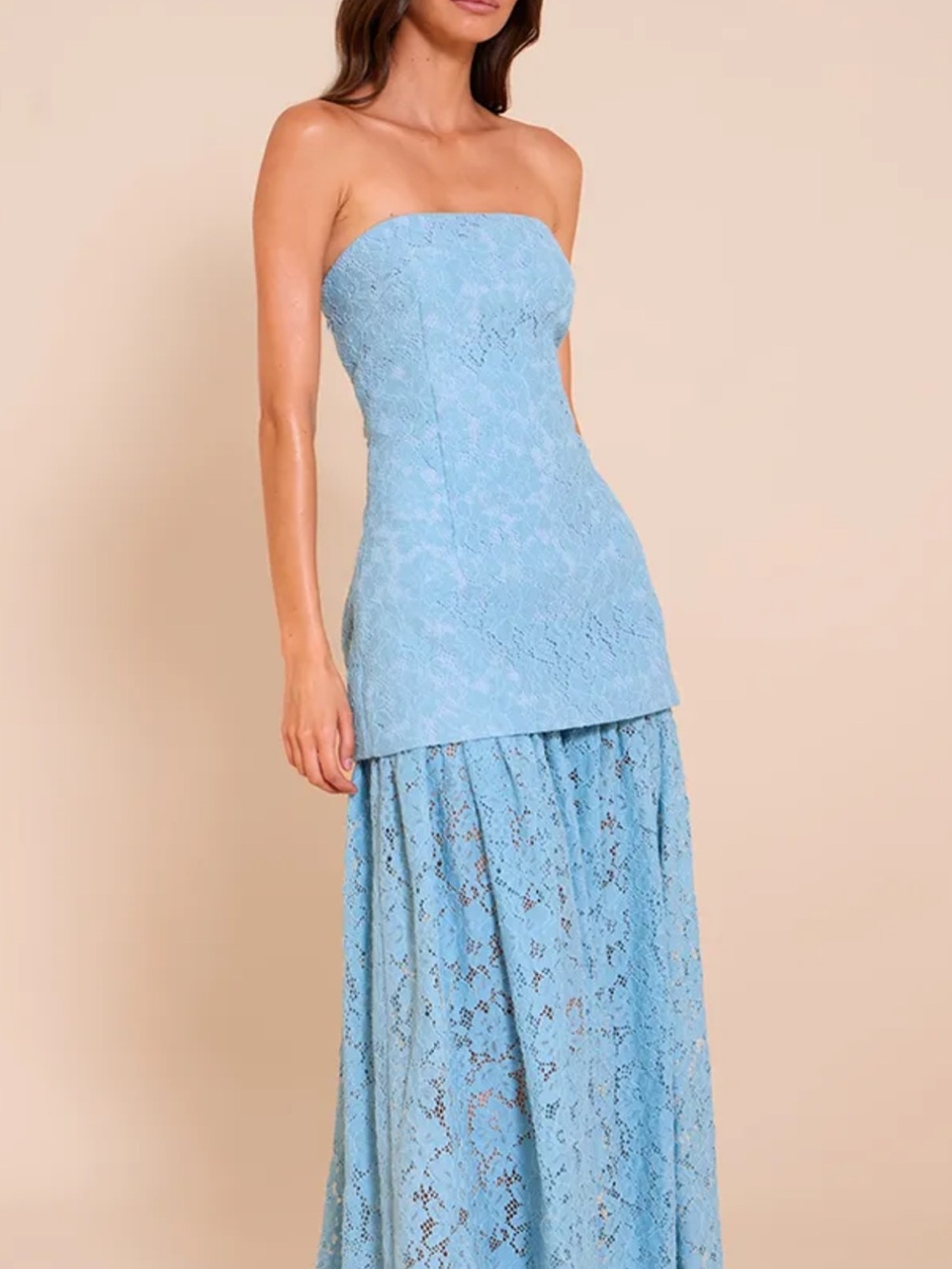 PrettyLittleThing Strapless Lace Maxi Dress in Light Blue